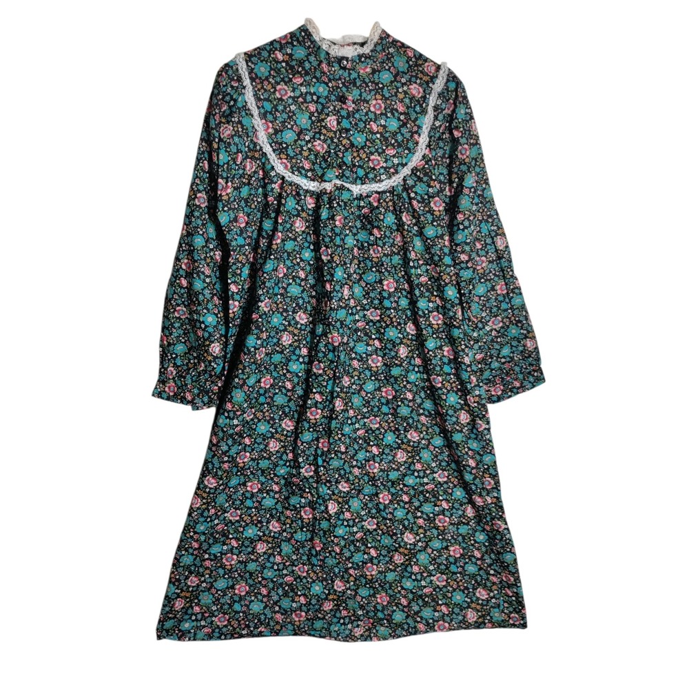 Vintage Avon Fashions Cotton Floral Nightgown Lace Trim Teal Pink Size 13/14